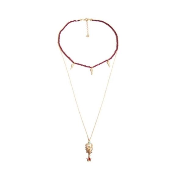 Red Beaded Abstract Rhinestone Vintage Gold Layered Pendant Necklace - Picture 1 of 8